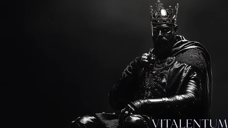 Dark monochrome portrait of armored bearded king in crown.