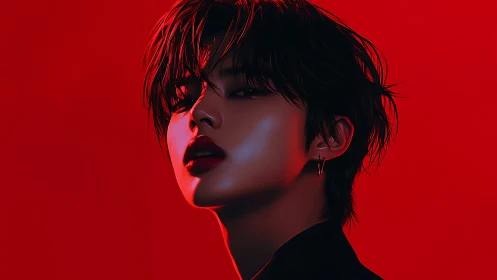 Cinematic red portrait with glossy skin and moody lighting.