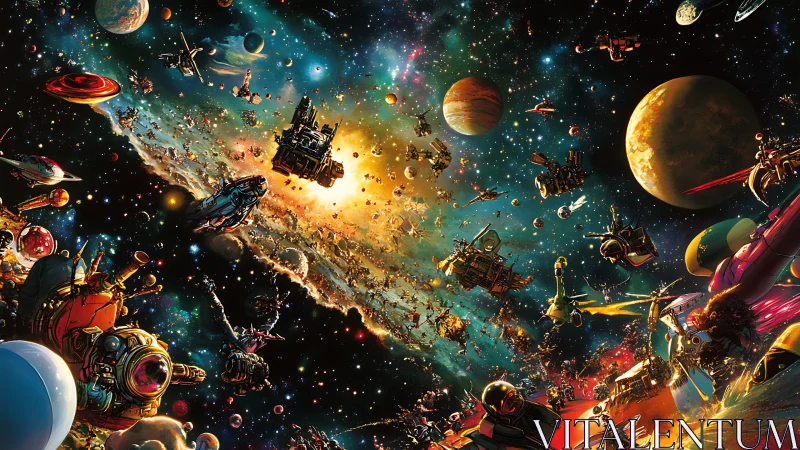 Joyful galactic traffic buzzing through a colorful cosmos.