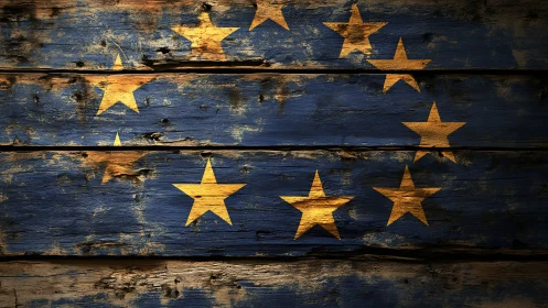 Weathered European flag emblem on distressed timber planks.