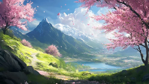 Spring valley path beneath cherry blossoms and shining peaks.