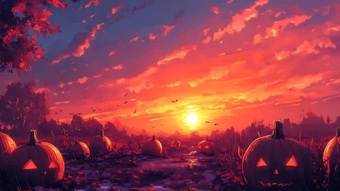 Halloween pumpkin field under vivid sunset sky.