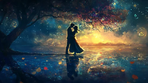 Silhouetted Couple Dancing in Luminous Waters Under Golden Sky.