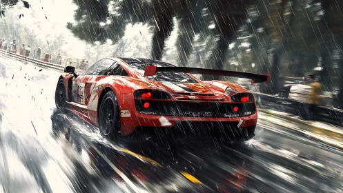 Red GT race car slashes through heavy rain at high speed.