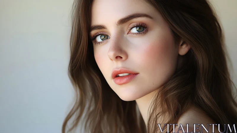 Soft portrait shows luminous eyes and natural makeup glow.