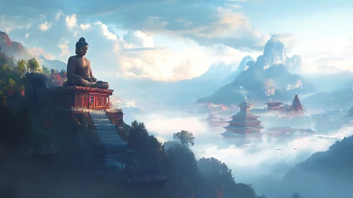 Serene mountain Buddha overlooks misted pagoda valley at dawn