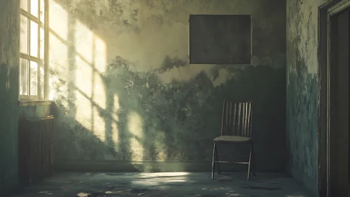 Empty worn room with single chair in angled window light.