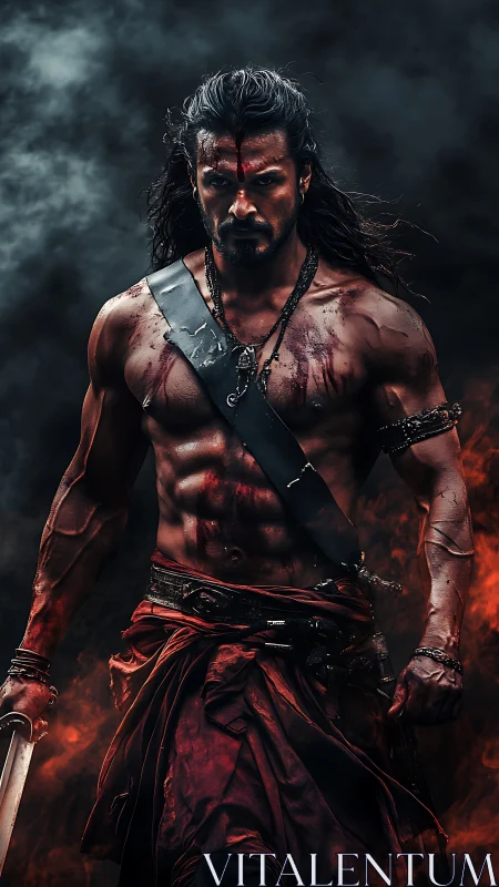 Storm-forged warrior strides through embers and shadow.