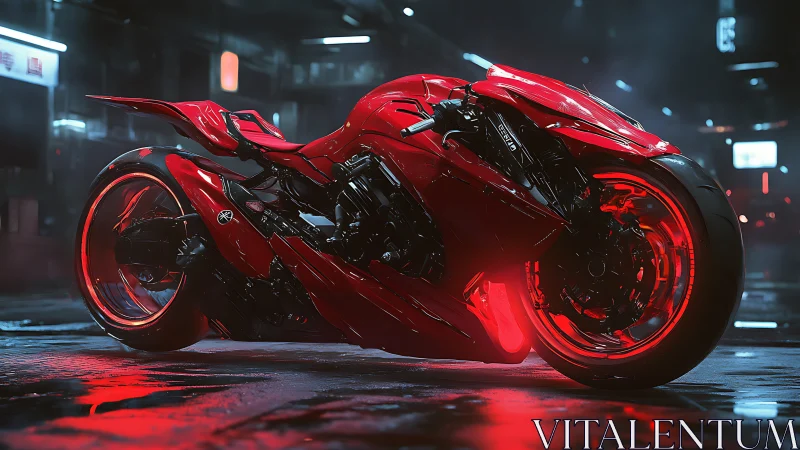 Midnight red cyber bike glowing on rain slicked streets.