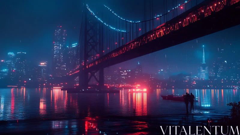 Neon bridge spans rainy cyberpunk city harbor at night