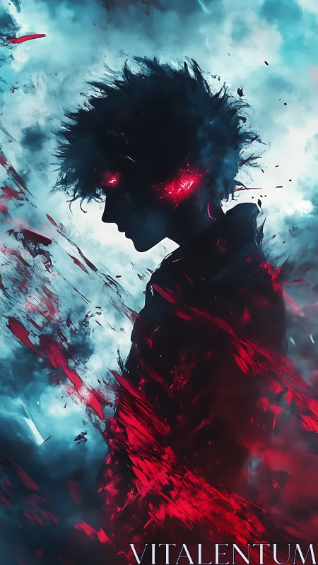 Dark silhouette channels violent red energy eruption