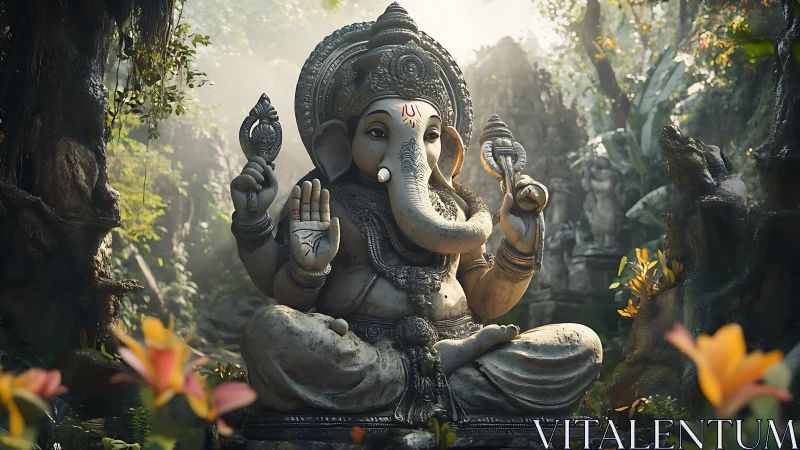 Photorealistic stone Ganesha shrine in misty tropical forest