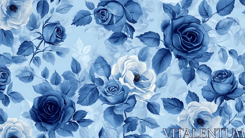 Blue and white floral composition with roses and botanical elements