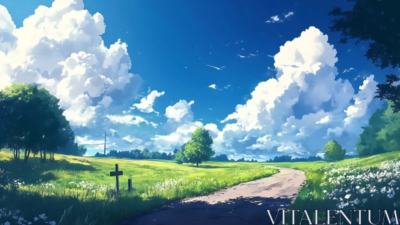 High-contrast rural path under towering cumulonimbus sky rendering