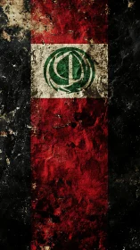 Weathered tricolor flag with central green emblem and cracks