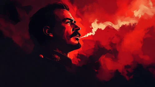 Side-profile officer in red-toned digital smoke environment.