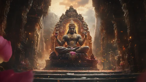 Silent stone deity meditates amid ember-lit temple dusk