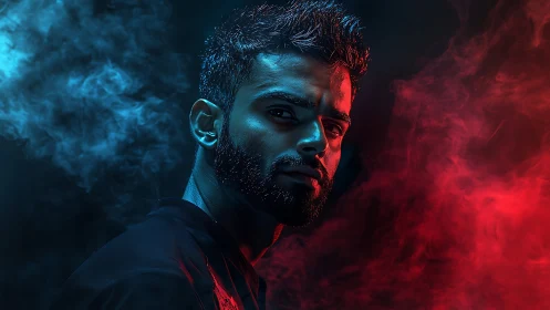 Male portrait uses dual-color smoke lighting in dark environment