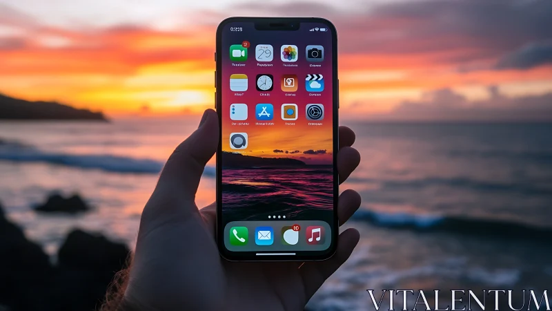 Hand-held smartphone displaying iOS interface against golden-hour coastal seascape backdrop.