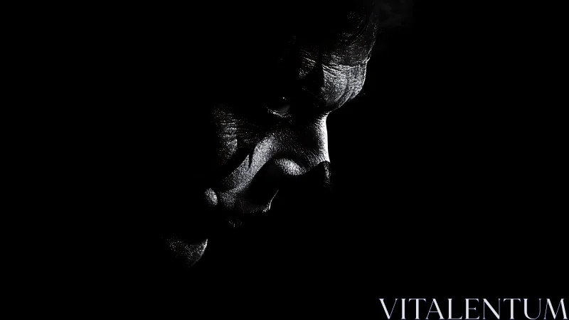 Shadowed painted face emerges from deep black darkness.