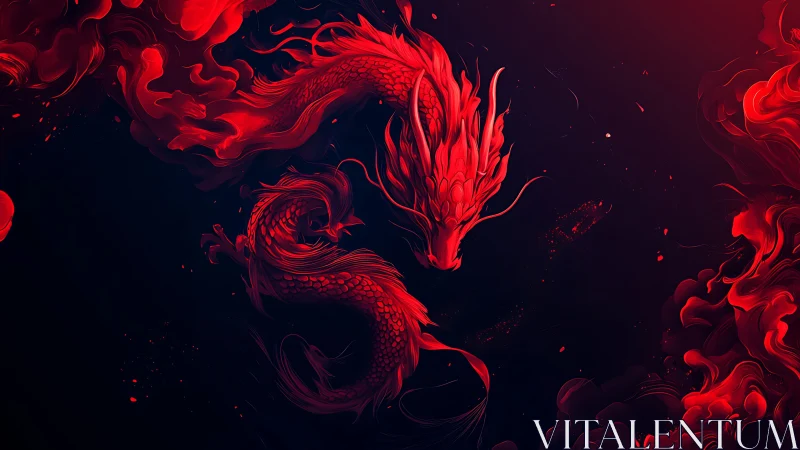 Crimson dragon drifting through midnight smoke and starlight.