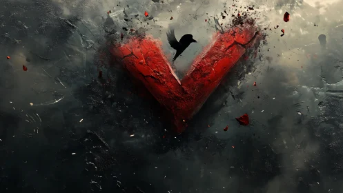 Broken red heart shard with black bird in dark stormy void.