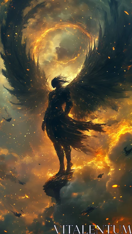 Winged celestial silhouette amid molten halo and embers.