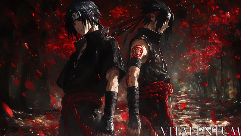 Dramatic twin warriors in crimson forest anime composition.