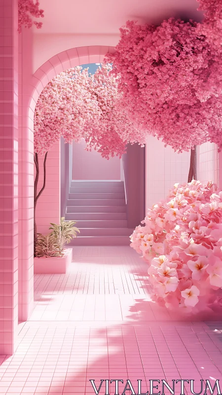 Dreamy pink courtyard where blossoms soften every corner.