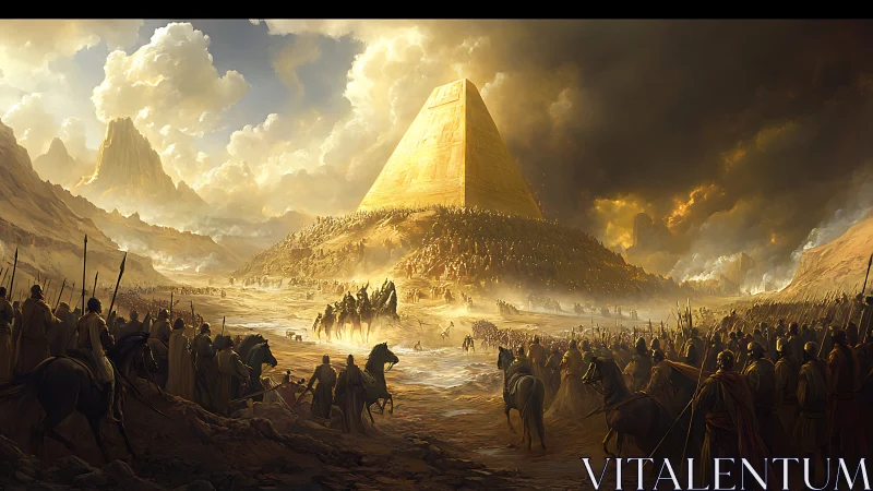 Ancient armies converge on colossal desert pyramid at dawn.