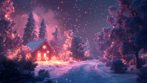 Snowy forest cabin under glowing pink winter night sky