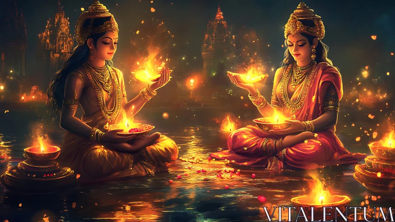 Bilateral river ritual with luminous diyas in digital chiaroscuro.