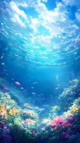 Sunlit coral garden drifting beneath a bright blue sky.