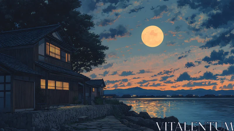 Lakeside Japanese houses under glowing full moon twilight.
