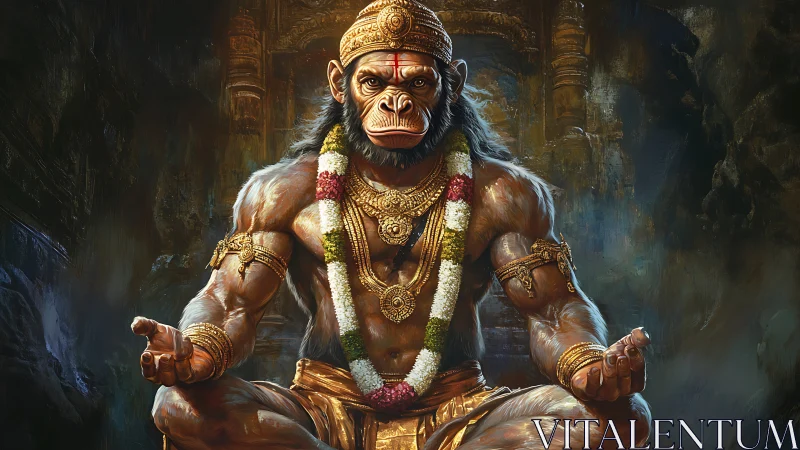 Powerful monkey-headed deity seated in ornate temple hall.