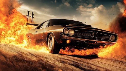 Muscle car on rural road surrounded by intense roadside fire.