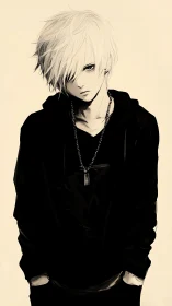 Brooding silver-haired boy in oversized black hoodie portrait.