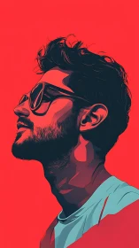 Stylized male profile portrait in bold red palette.