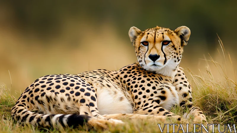 Resting cheetah on grassland with soft blurred backdrop.
