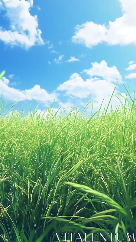 Lush green grass field under bright blue summer sky.
