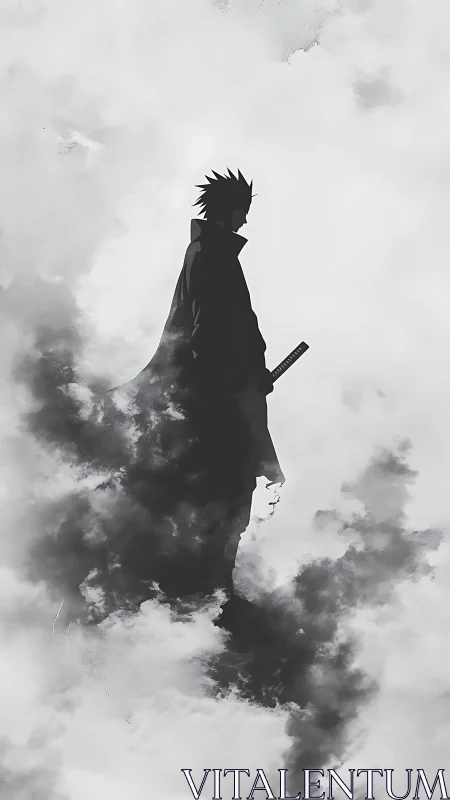 Lone anime swordsman silhouette emerges through pale mist.