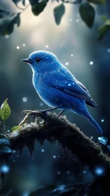 Blue songbird is rendered on a mossy branch in dim forest light