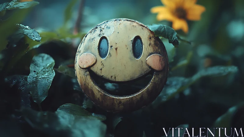 Weathered smiley face among dewy leaves at dusk.