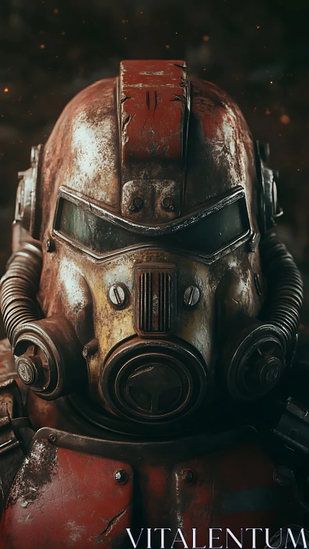 Rust-scarred power armor helmet in cinematic cyberpunk portrait.