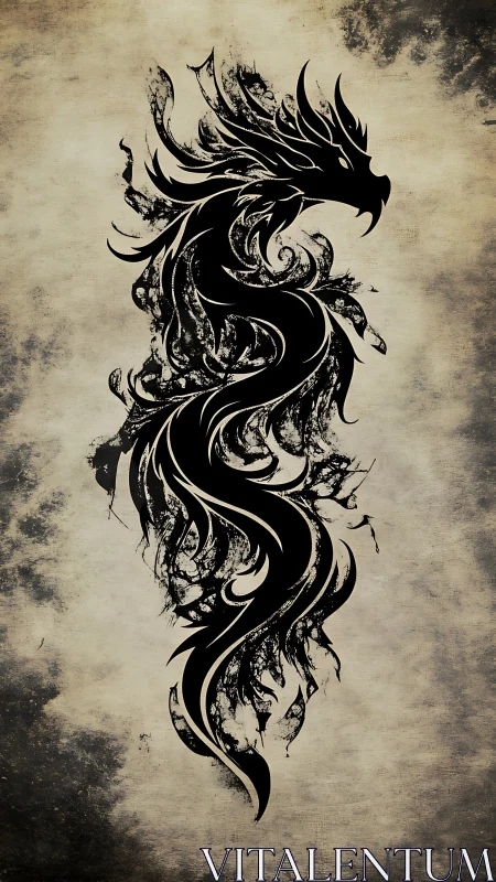 Stylized black dragon silhouette coils over grunge parchment