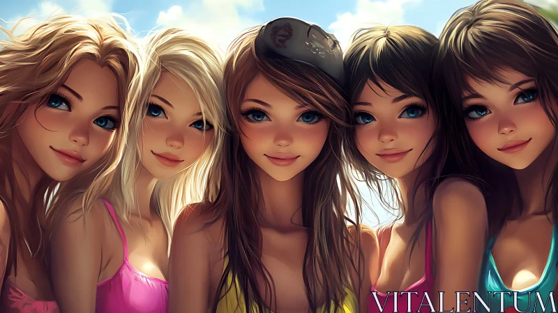 Five Animated Girls with Bright Eyes in Vibrant Summer Style.