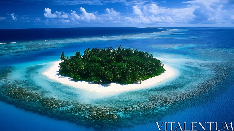 Tropical island atoll with white sand beach surrounded by turquoise ocean.