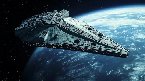 Starlit freighter drifting quietly above a blue Earth.