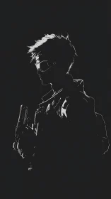 Silhouetted cyber operative with pistol in hard rim lighting.