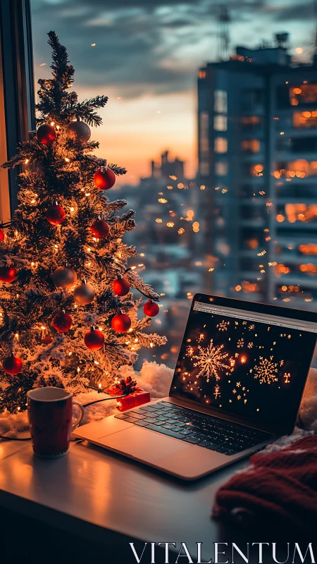 Photorealistic cozy desktop Christmas scene at sunset window.